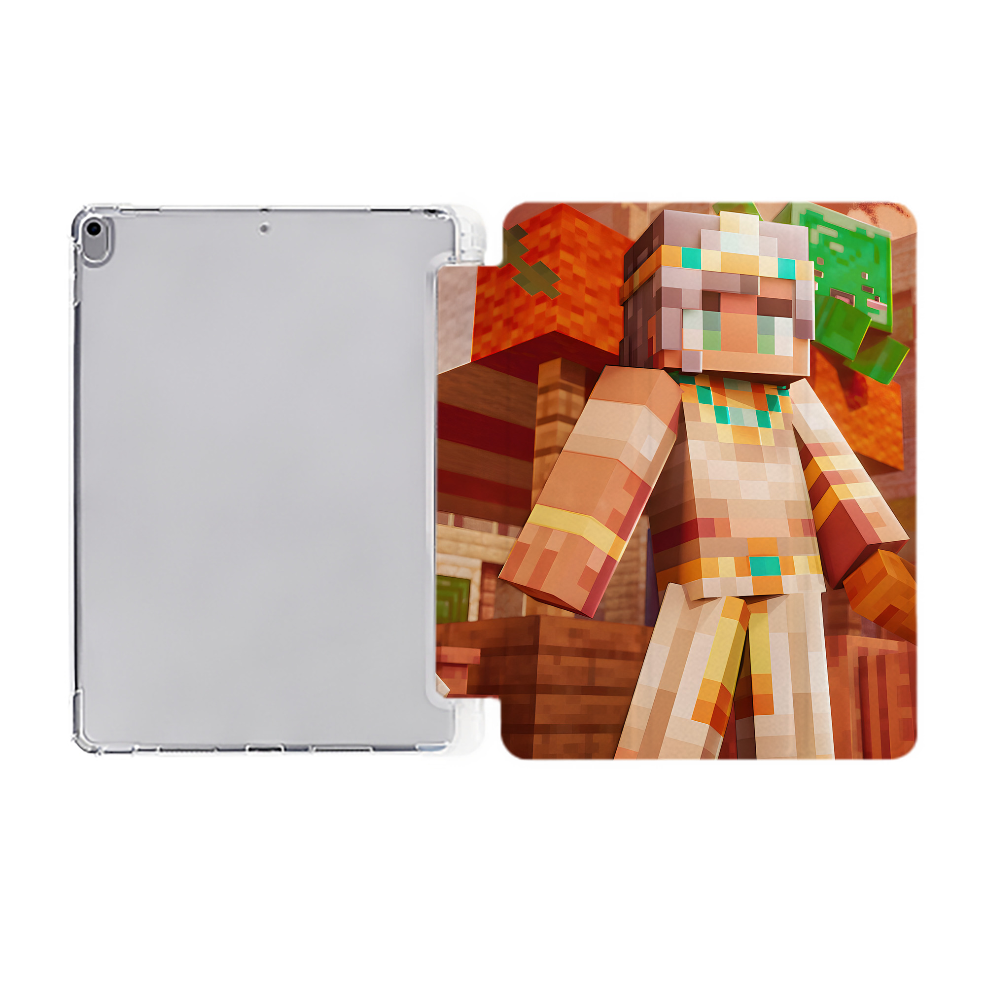 （画像用） マインクラフト ブロックの世界 Minecraft MC Block world IPad ケース ペン収納付き 三つ折りスタンド PUレザー×シリコン 対応機種9.5/10.5/10.9インチ